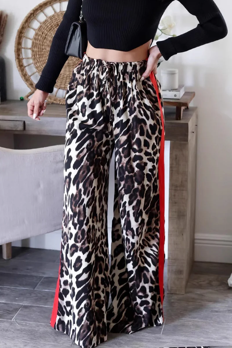 Casual Daily Stripe Leopard Patchwork Loose High Waist Wide Leg Full Print Bottoms - Panekey