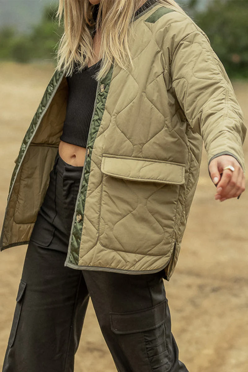 Casual Color Block Buckle Contrast O Neck Outerwear - Panekey