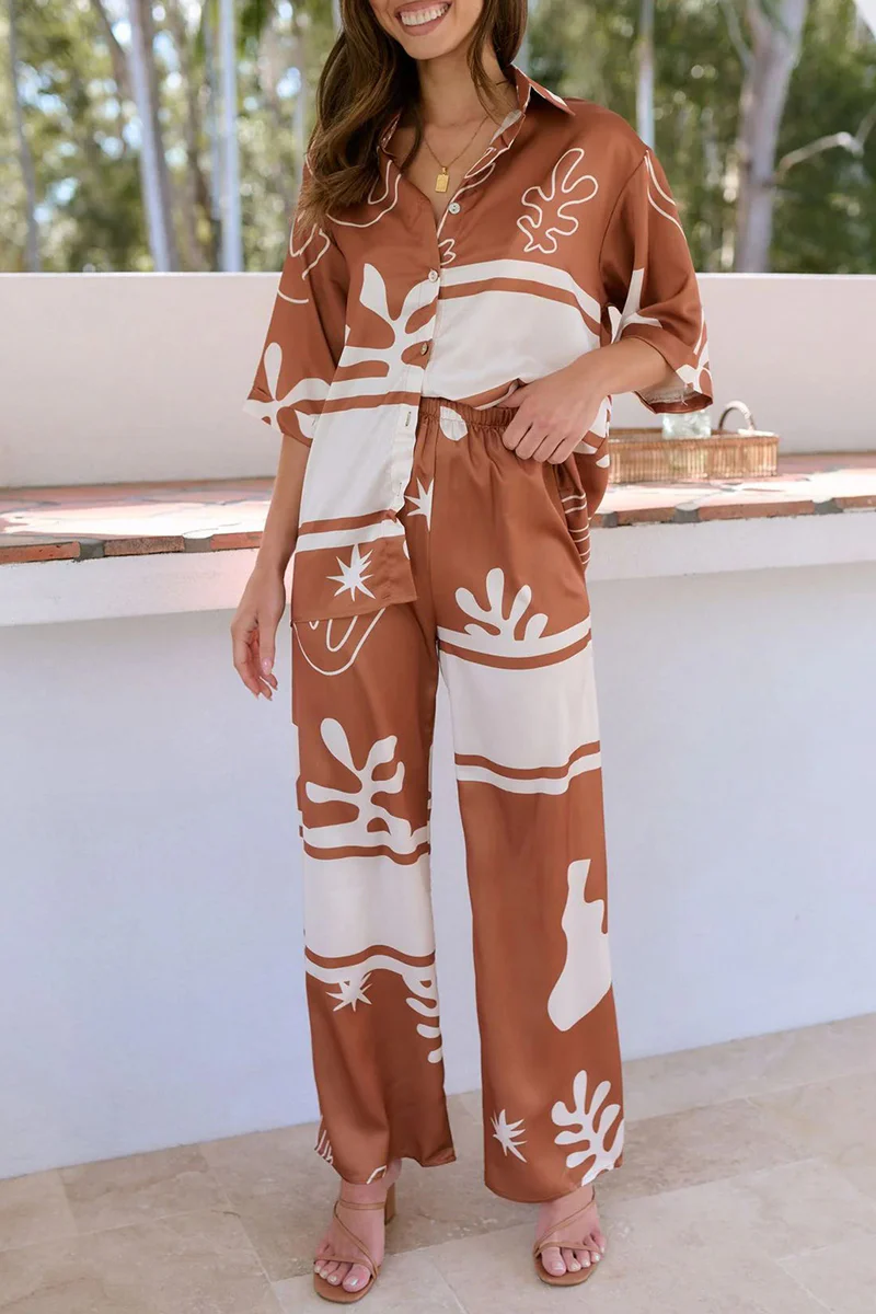 Casual Daily Geometric Print Buttons Turndown Collar Short Sleeve Two Pieces - Panekey