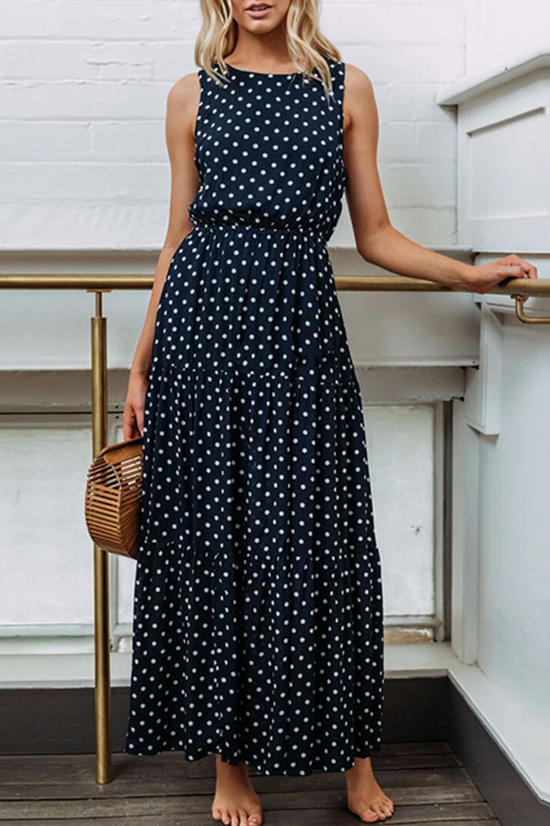 Casual Dot Patchwork O Neck Waist Skirt Dresses(4 Colors) - Panekey