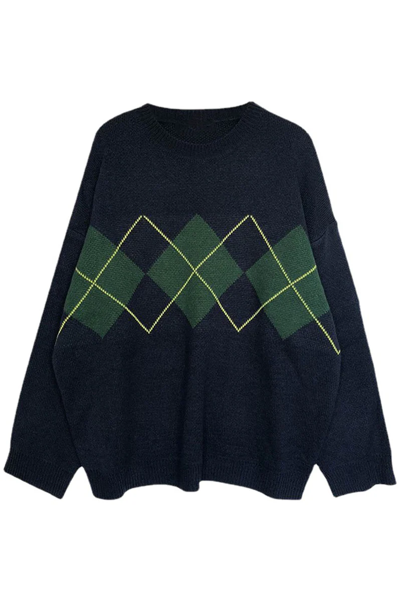 Casual Geometric Patchwork Contrast O Neck Tops Sweater(3 Colors) - Panekey