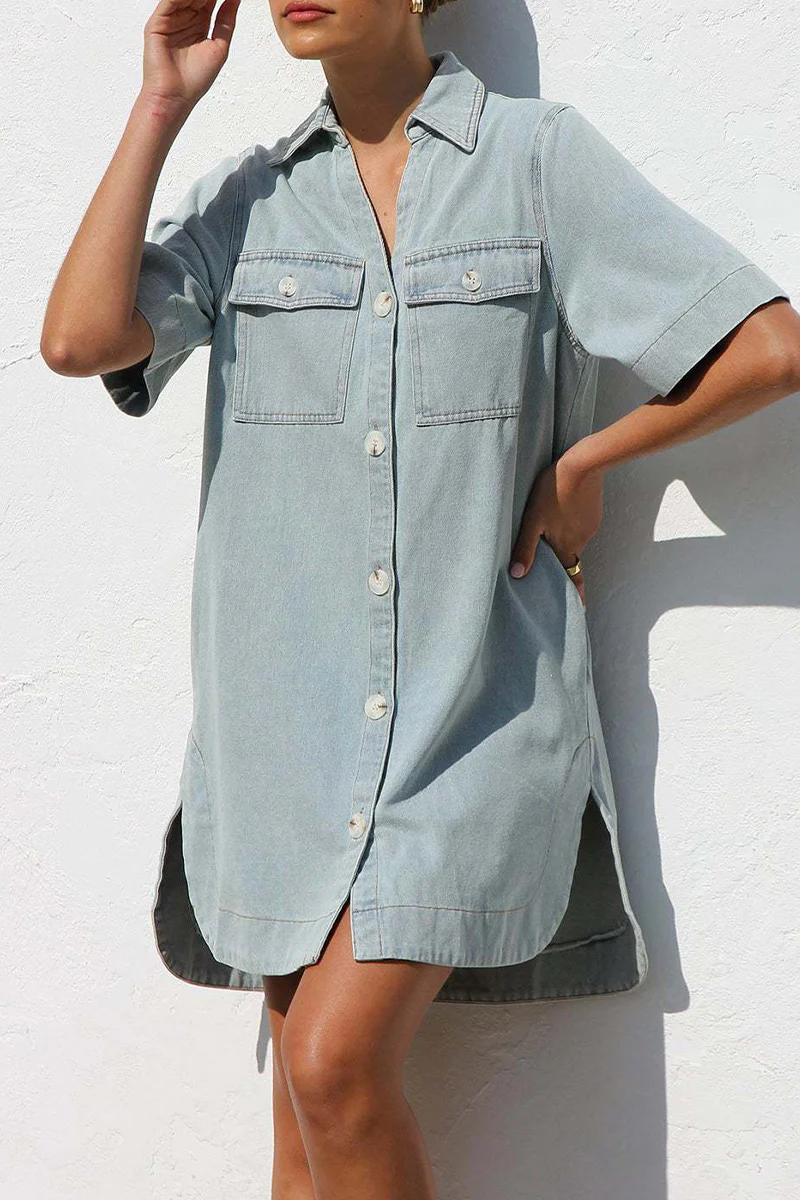Casual Distressed Buttons Turndown Collar Short Sleeve Loose Denim Dresses - Panekey