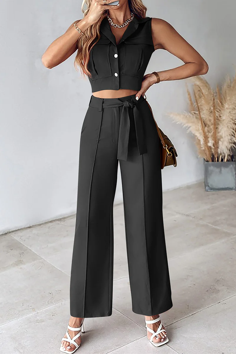 Casual Daily Solid Frenulum Turndown Collar Sleeveless Two Pieces(6 Colors) - Panekey