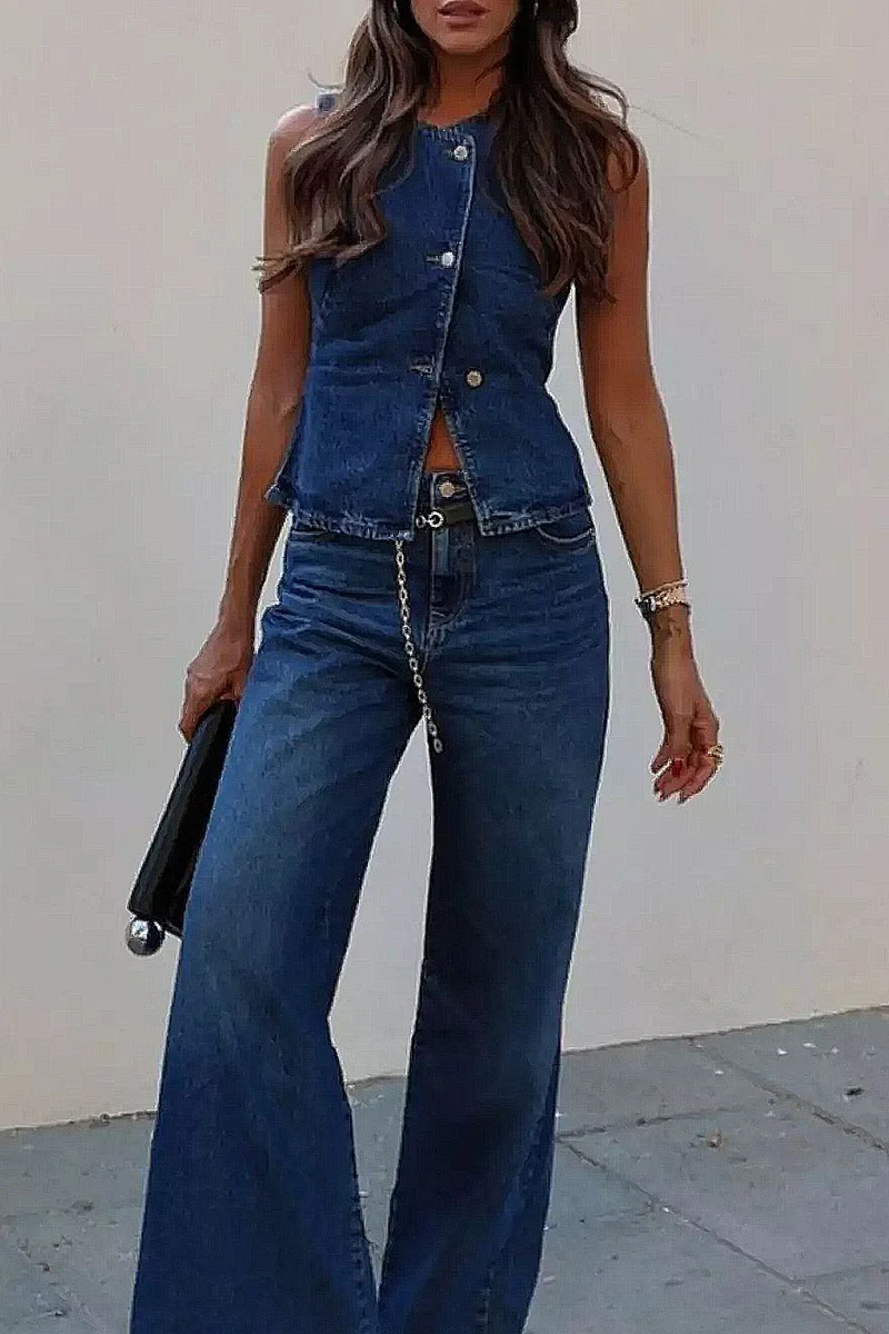 Casual Buttons O Neck Sleeveless Two Pieces - Panekey