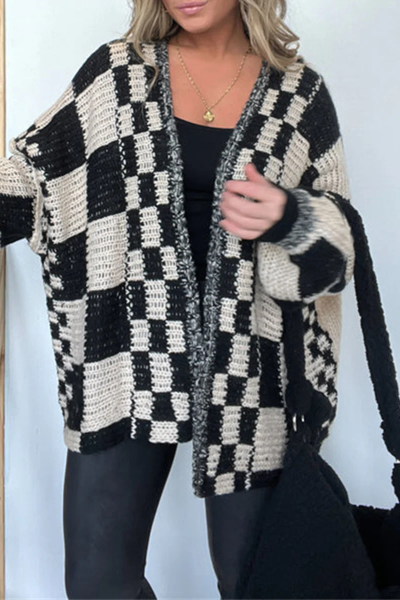 Casual Plaid Weave Contrast V Neck Outerwear(3 Colors) - Panekey