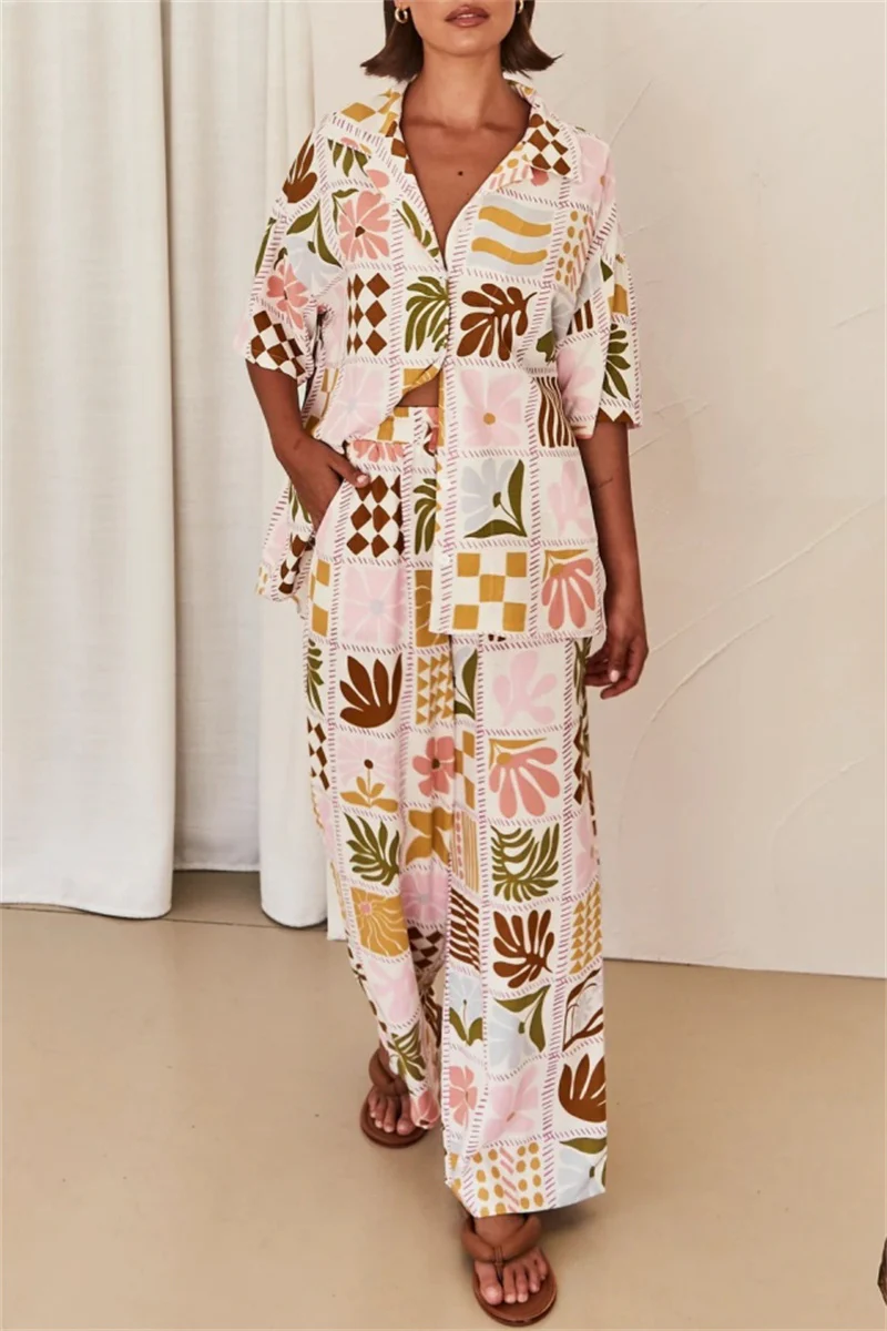 Casual Floral Print Basic Turndown Collar Short Sleeve Two Pieces - Panekey