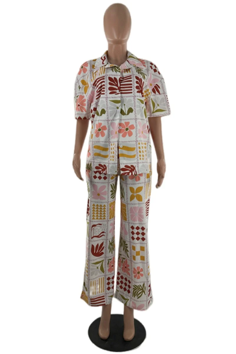 Casual Floral Print Basic Turndown Collar Short Sleeve Two Pieces - Panekey