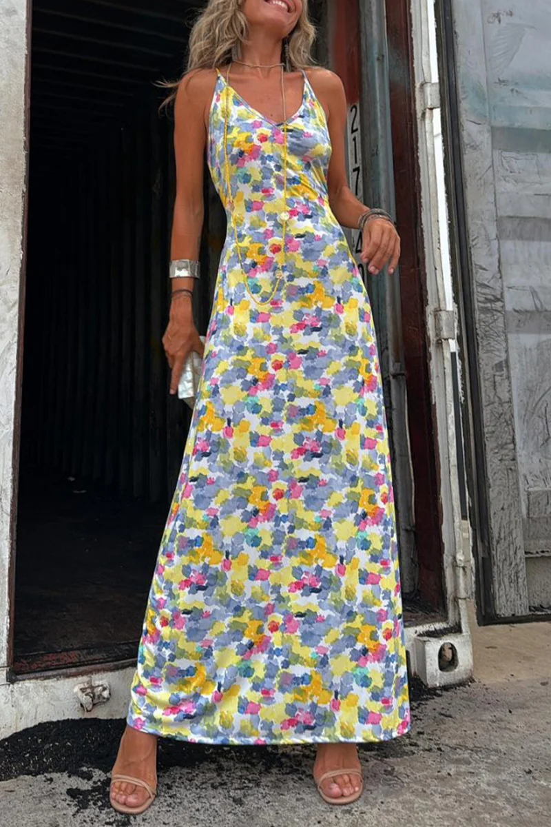 Casual Geometric Print Backless Contrast V Neck One Step Skirt Dresses(Two ways to wear) - Panekey