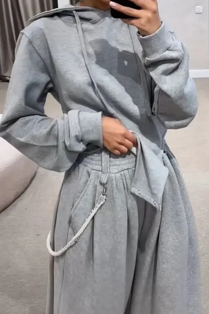 Casual Draw String Pocket Hooded Long Sleeve Two Pieces - Panekey