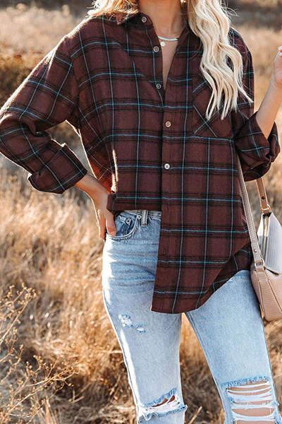 Casual Plaid Pocket Buckle Turndown Collar Tops - Panekey