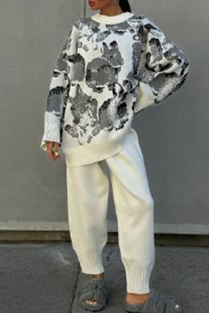 Casual Geometric Print Weave Contrast O Neck Long Sleeve Two Pieces - Panekey