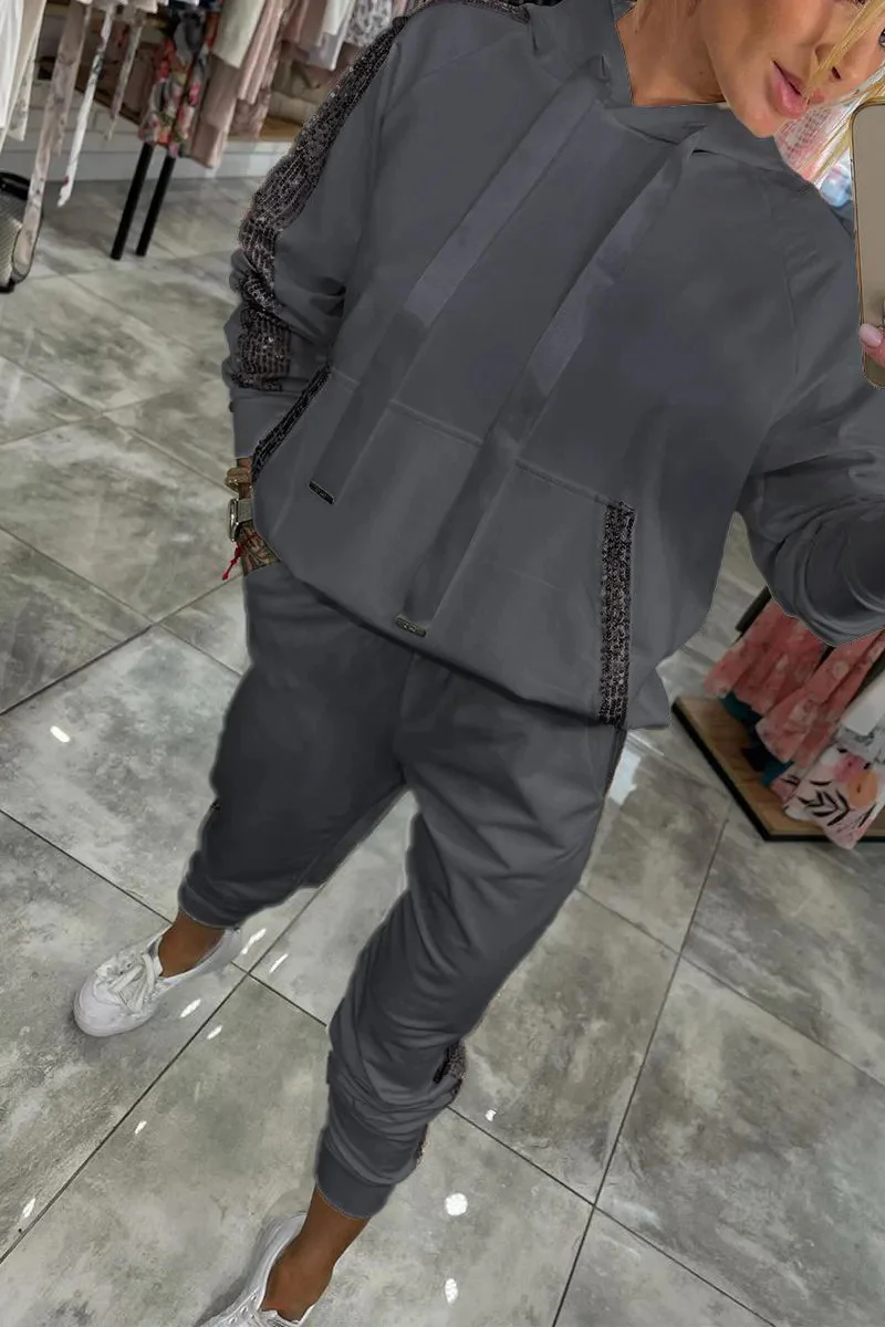 Casual Daily Sequins Draw String Pocket Hooded Long Sleeve Two Pieces(5 Colors) - Panekey