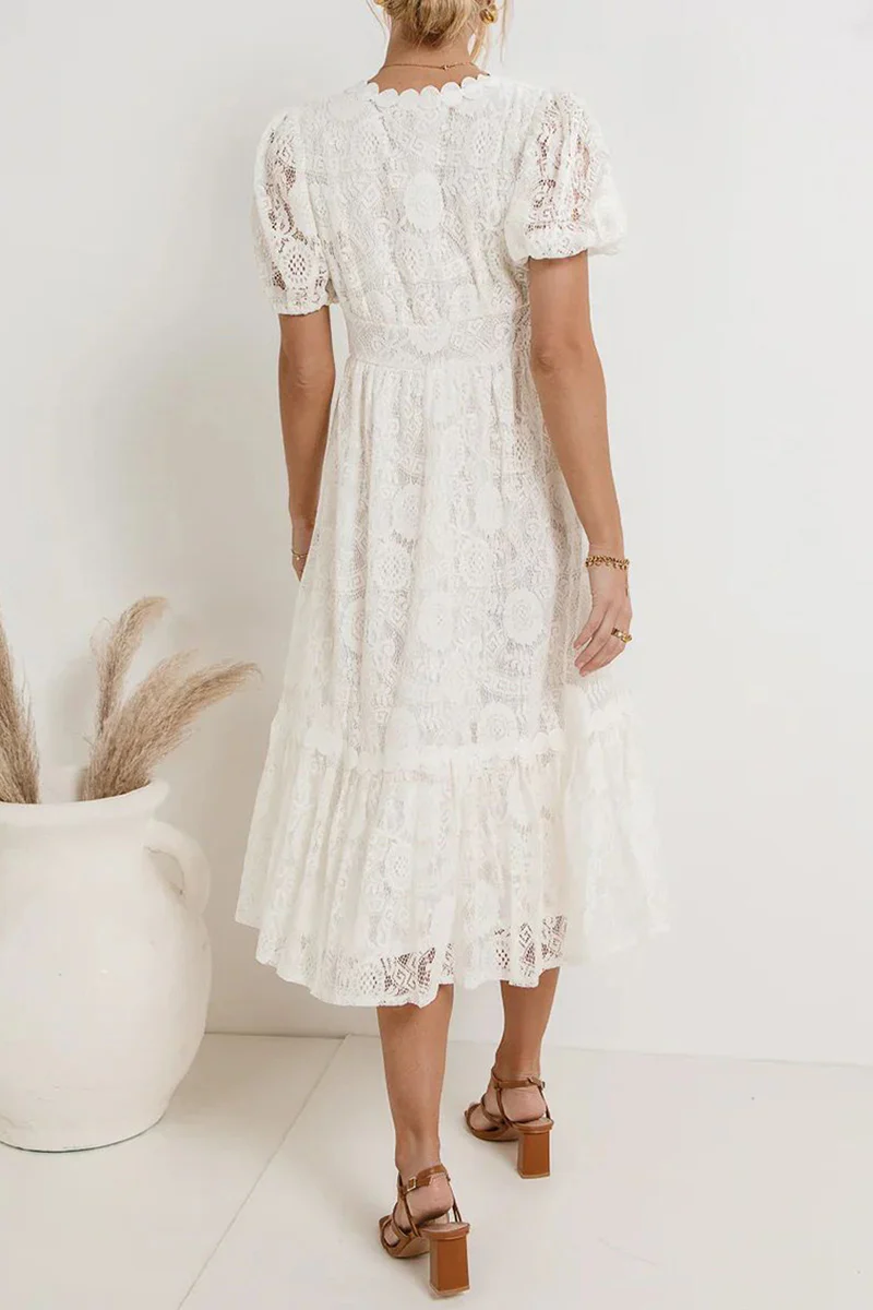 Casual Daily Solid Color Lace Buttons V Neck A Line Dresses(4 Colors) - Panekey