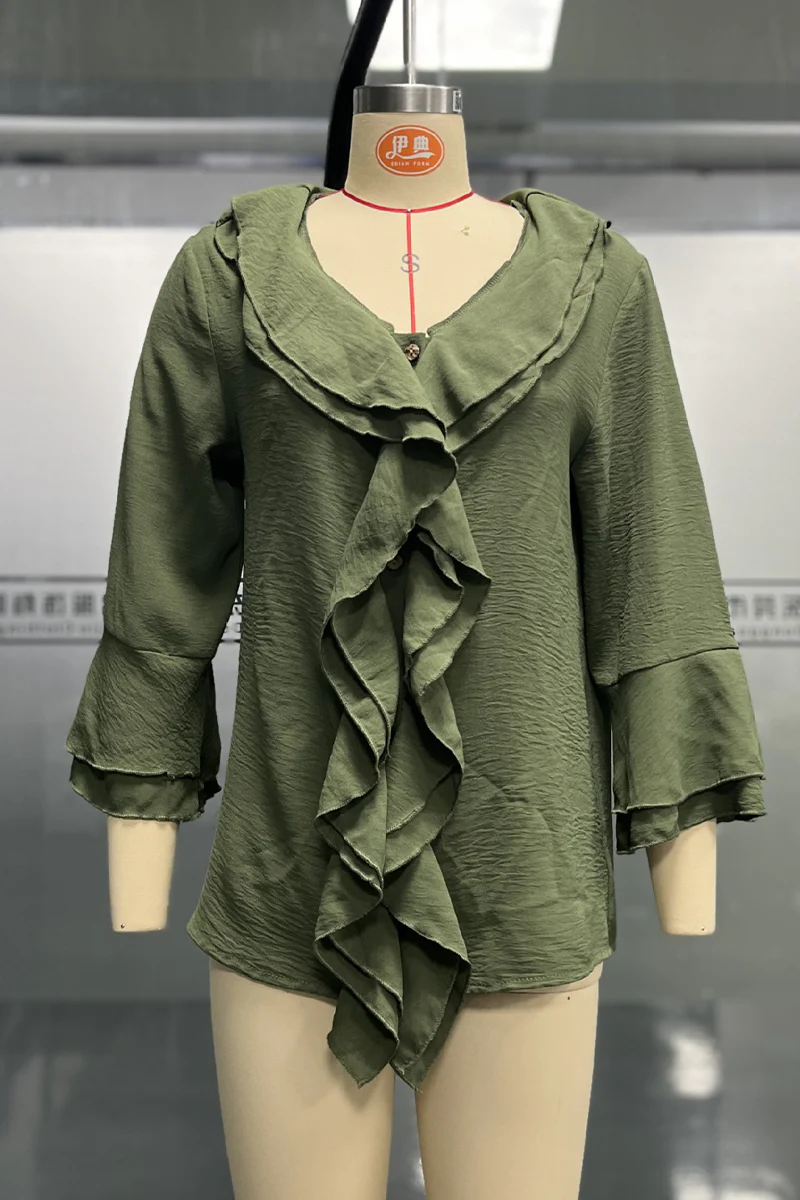 Casual Daily Solid Color Ruffle V Neck Blouses(7 Colors) - Panekey