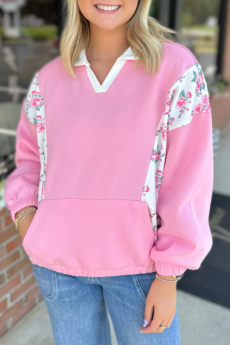 Casual Flowers Pocket Patchwork Contrast Turndown Collar Sweats - Panekey