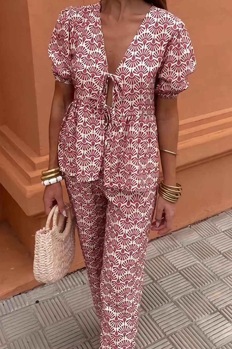 Casual Daily Lace Up V Neck Short Sleeve Two Pieces(3 Colors) - Panekey