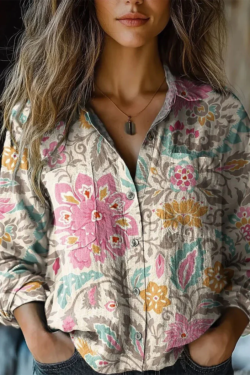 Casual Floral Print Contrast Turndown Collar Blouses(6 Colors) - Panekey