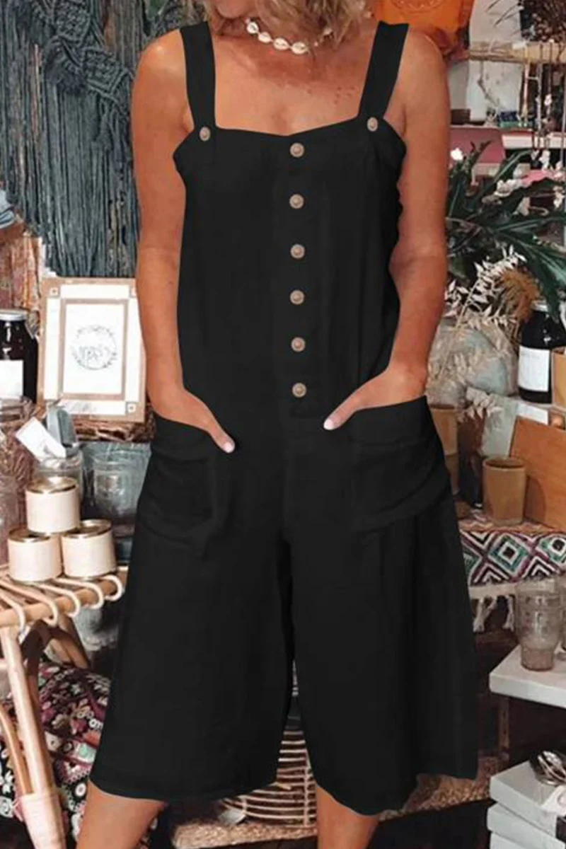 Casual Daily Solid Pocket Buttons Square Collar Loose Rompers - Panekey