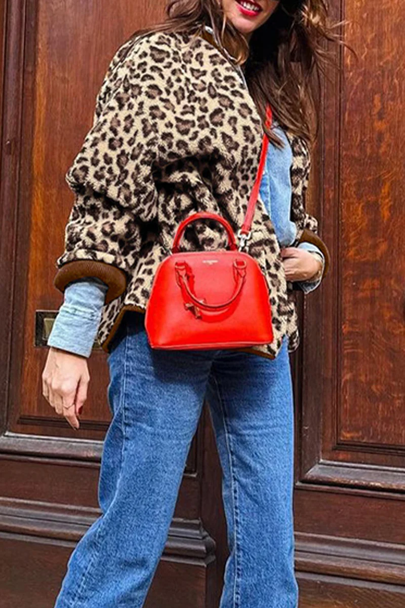 Casual Leopard Pocket Buttons Patchwork O Neck Outerwear - Panekey