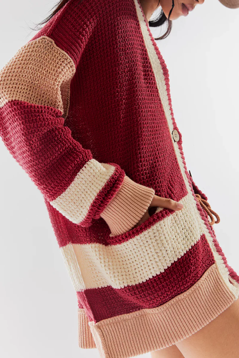 Casual Daily Colorblock Pocket Buttons Weave V Neck Outerwear(4 Colors) - Panekey