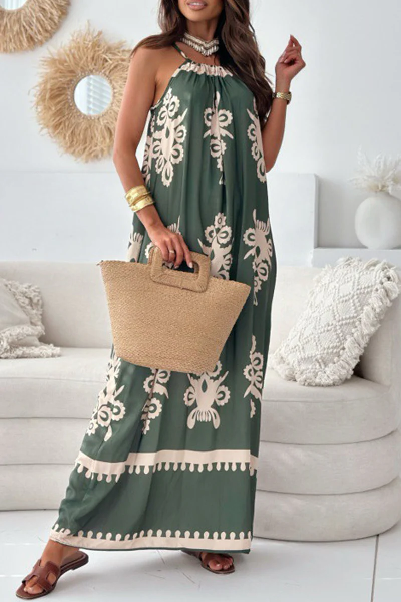 Casual National Totem Print Draw String Square Neck Sling Dresses(4 Colors) - Panekey