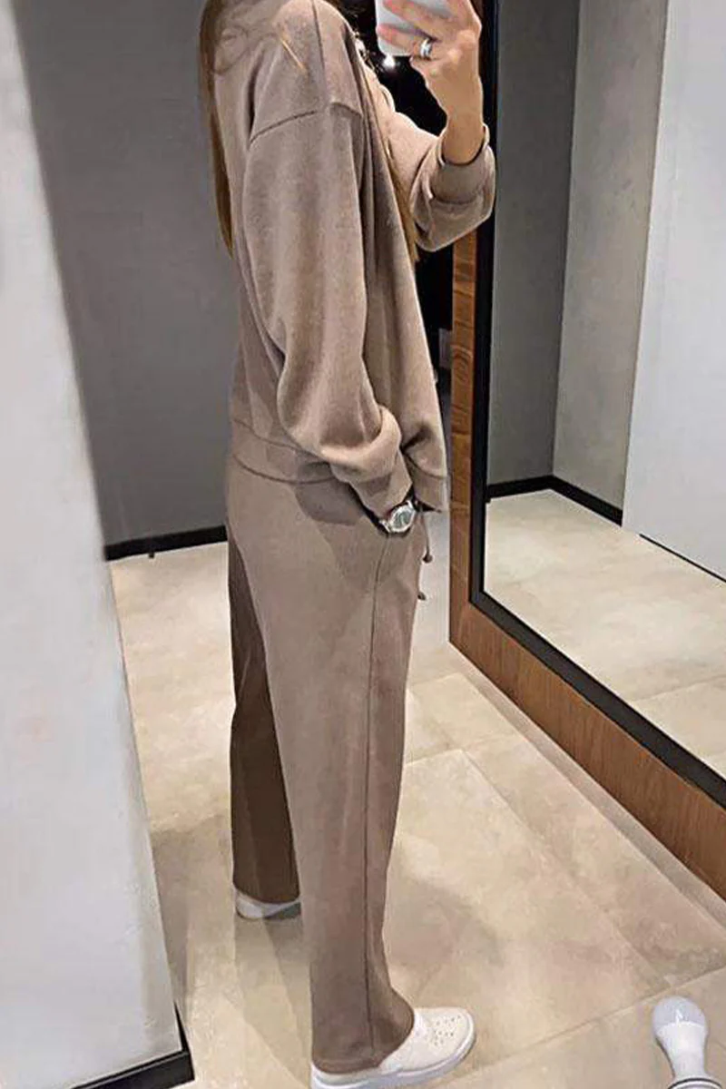 Casual Daily Solid Color Pocket Lace Up Buttons V Neck Long Sleeve Two Pieces(5 Colors) - Panekey