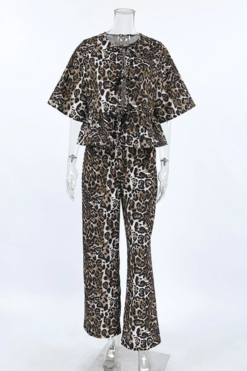 Casual Leopard Lace Up Contrast O Neck Short Sleeve Two Pieces - Panekey
