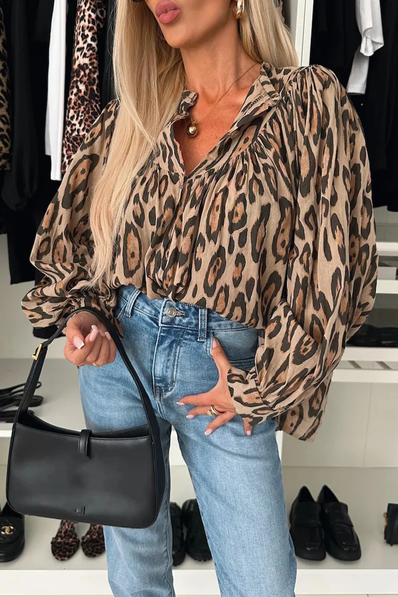Casual Leopard Buttons Ruched O Neck Blouses - Panekey