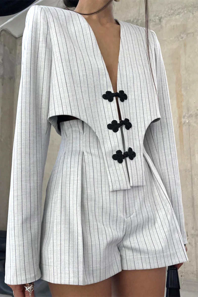 Casual British Style Striped Buttons Asymmetrical V Neck Long Sleeve Two Pieces - Panekey