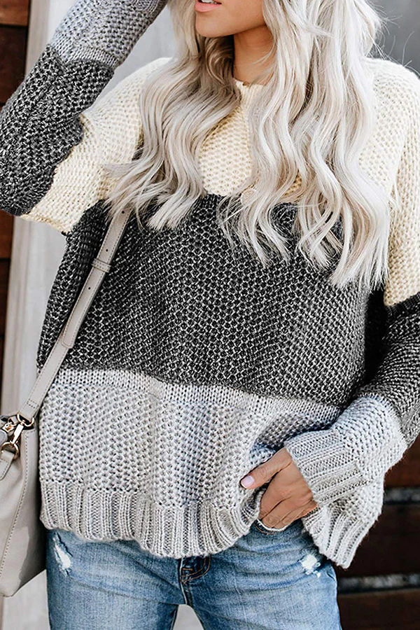 Casual Patchwork Basic  Contrast O Neck Tops Sweater - Panekey