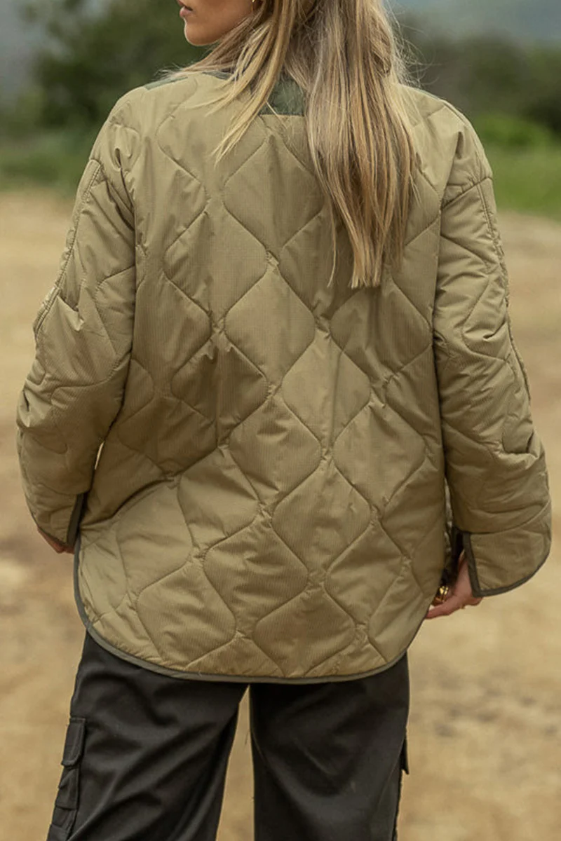 Casual Color Block Buckle Contrast O Neck Outerwear - Panekey