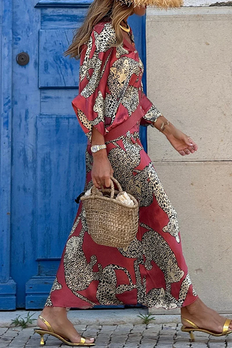 Casual Animal Print Buttons V Neck Half Sleeve Two Pieces - Panekey