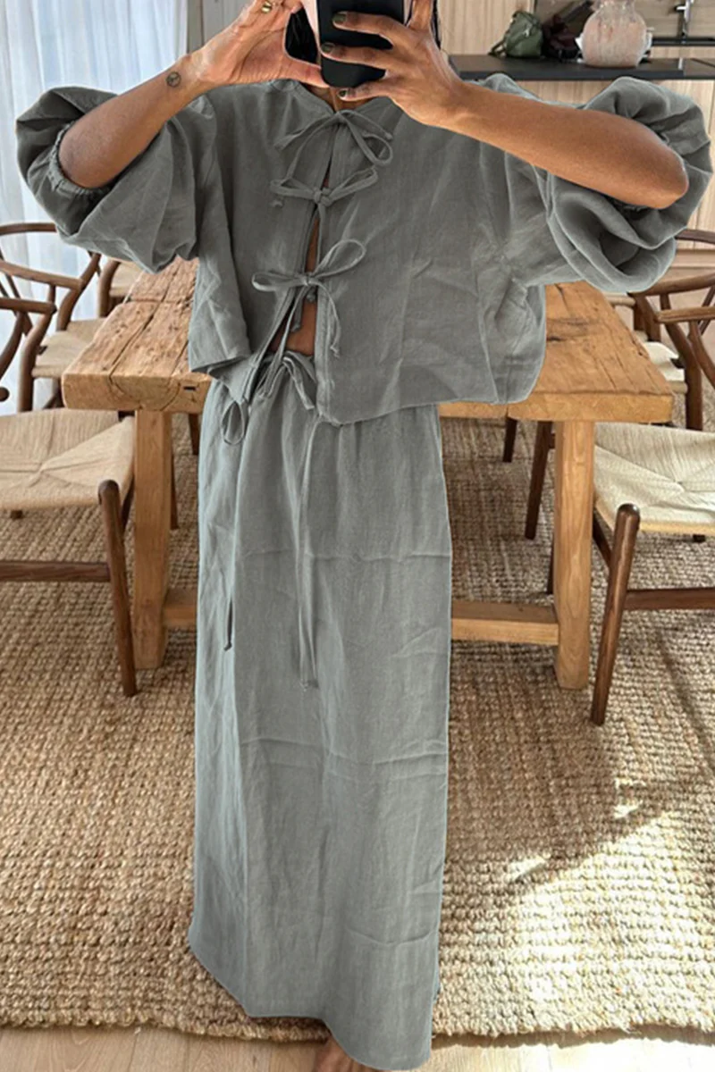 Casual Daily Solid Color Lace Up O Neck Long Sleeve Two Pieces - Panekey