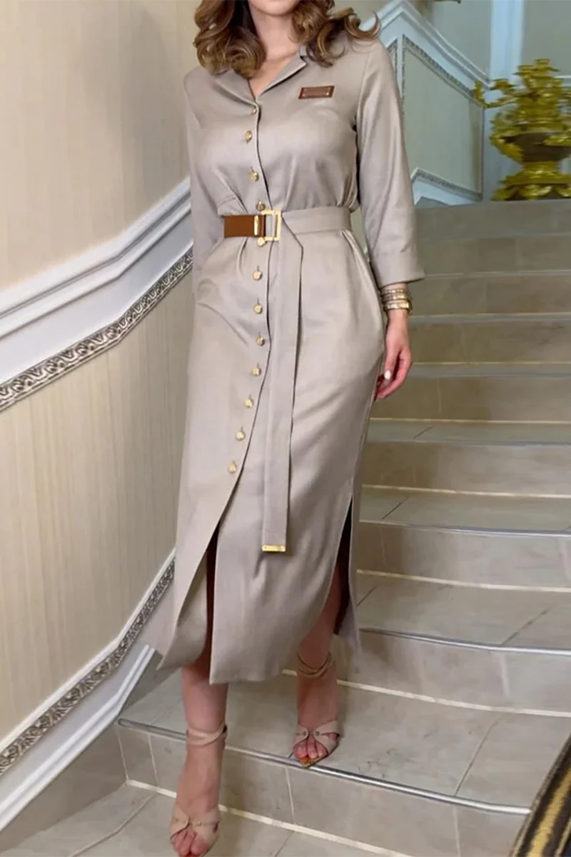 Casual Pocket Buckle With Belt Turndown Collar Shirt Dresses - Panekey