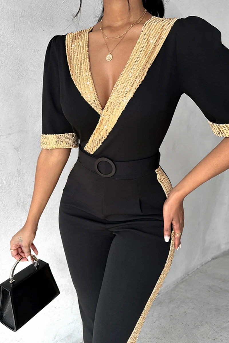Casual Patchwork Sequins V Neck Skinny Jumpsuits - Panekey