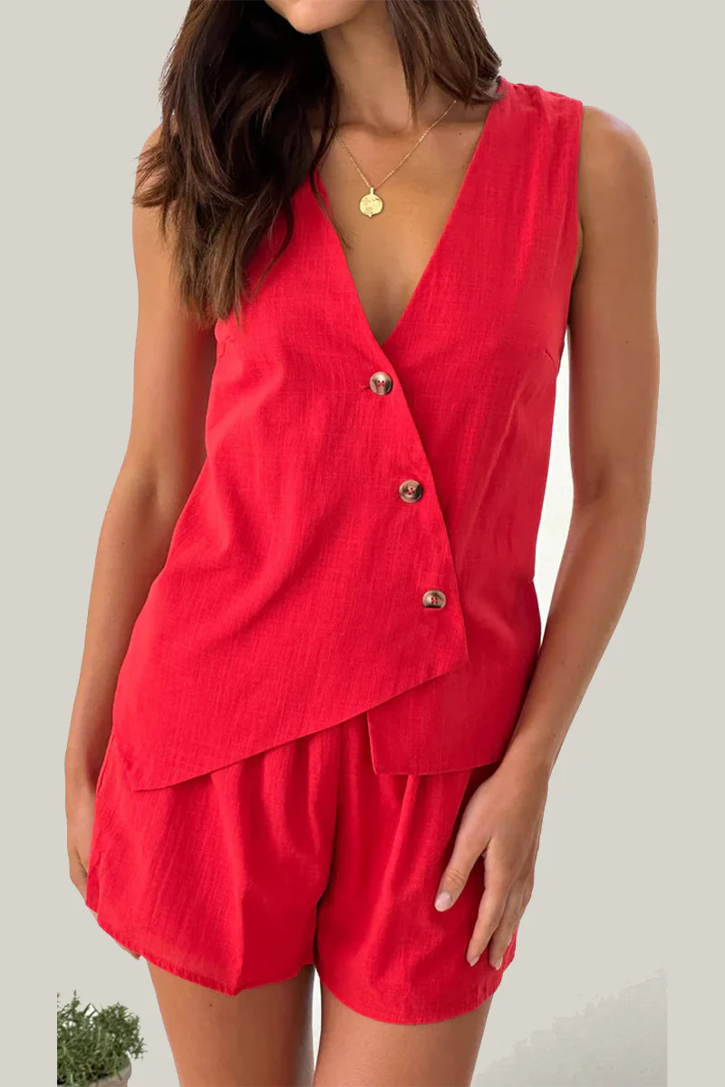 Casual Daily Buttons Irregular V Neck Sleeveless Two Pieces - Panekey