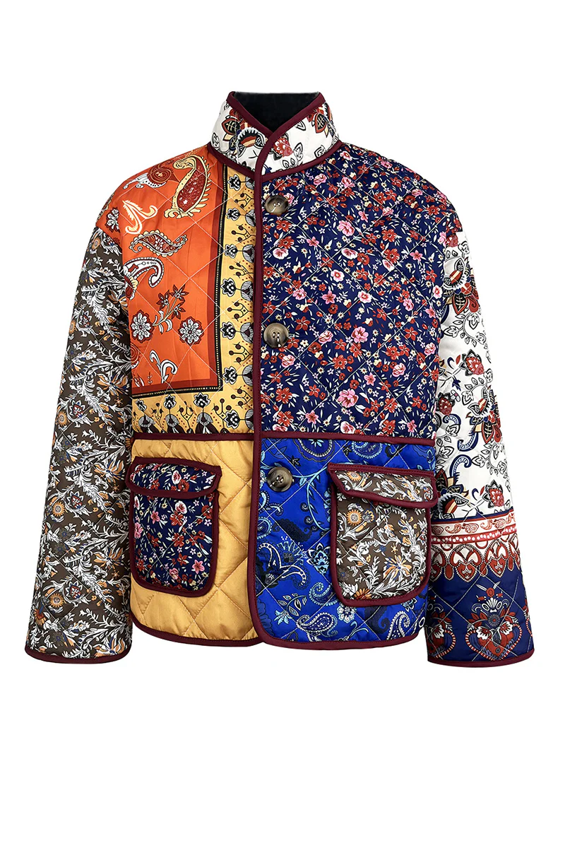 Casual Flowers Pocket Patchwork Contrast Mandarin Collar Outerwear - Panekey