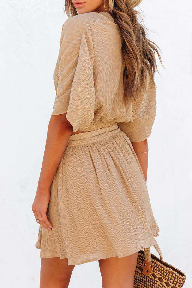 Casual Daily Solid Frenulum Backless V Neck Two Pieces - Panekey