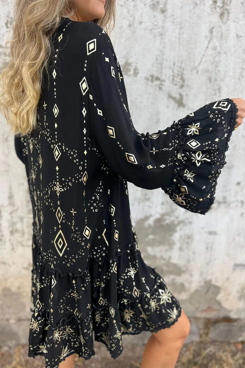 Casual Bronzing Pattern Patchwork Ruffle Contrast Button Collar A Line Dresses - Panekey