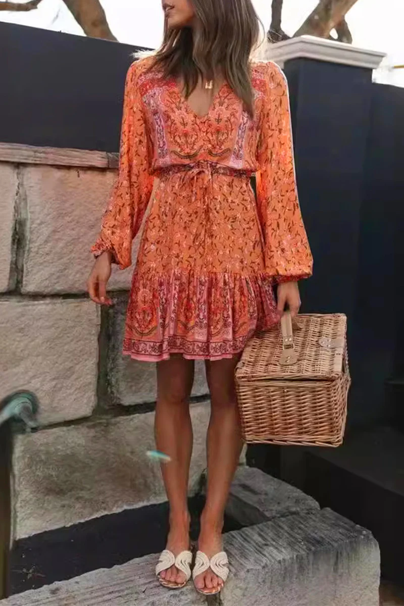 Casual Floral Print Lace Up V Neck A Line Dresses - Panekey