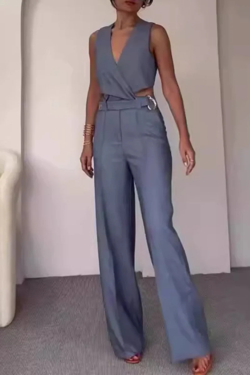 Casual British Style Solid Buttons V Neck Sleeveless Two Pieces - Panekey