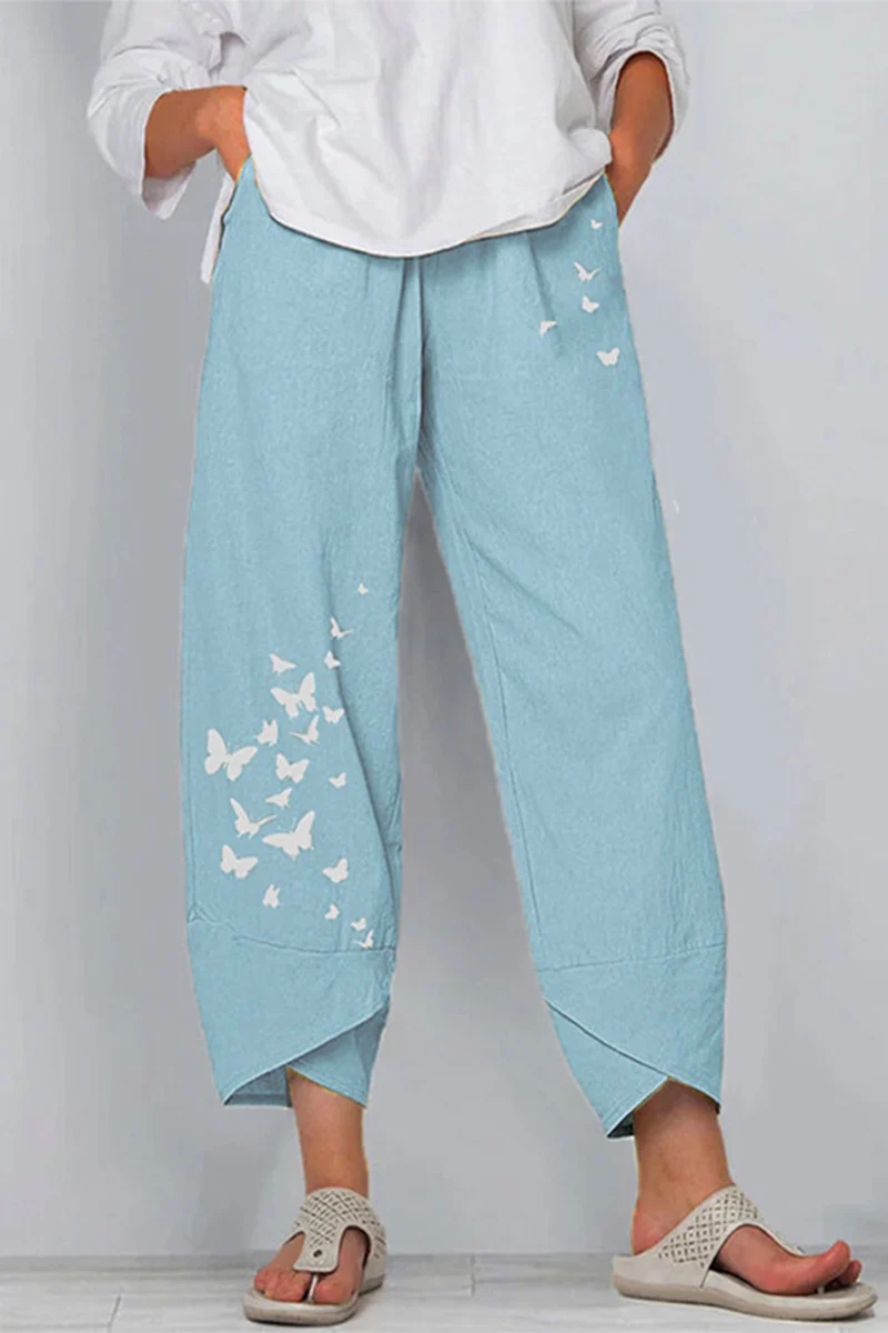 Butterfly Print Capris Loose Mid Waist Wide Leg Positioning Print Bottoms - Panekey