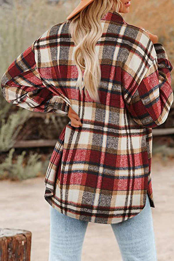 Casual Plaid Pocket Buckle Turndown Collar Outerwear(8 Colors) - Panekey