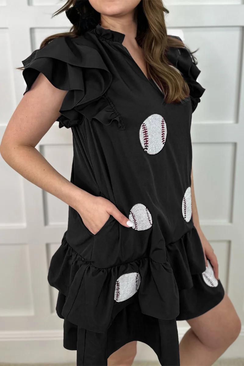 Casual Geometric Print Embroidered Sequins Pocket Ruffle V Neck Irregular Dresses - Panekey