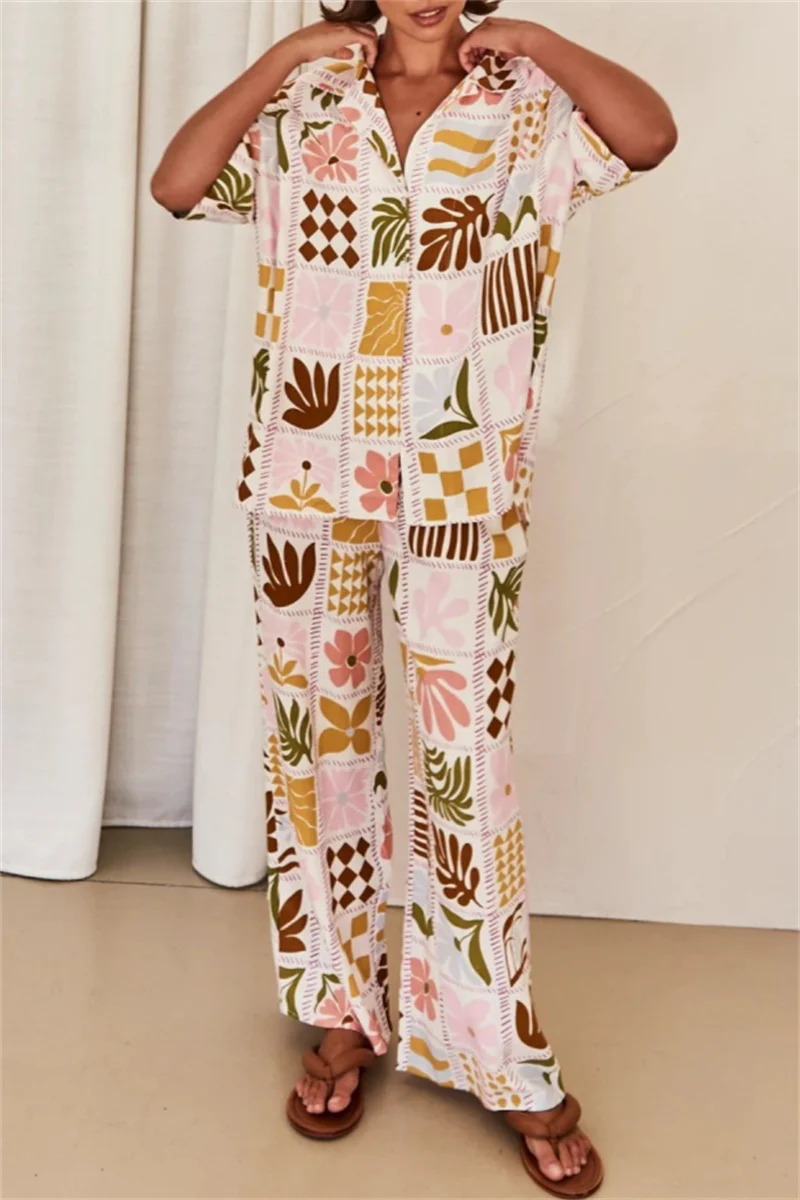 Casual Floral Print Basic Turndown Collar Short Sleeve Two Pieces - Panekey