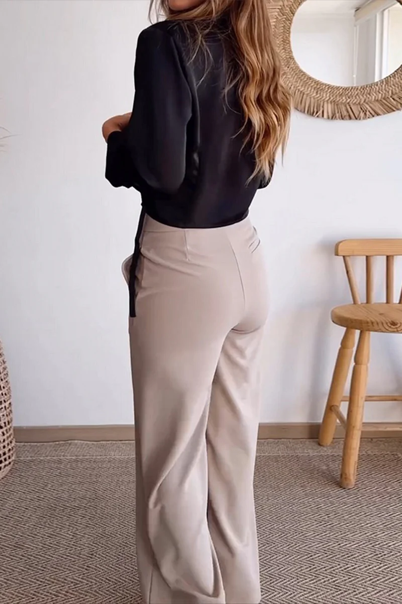 Casual Daily Pocket Buttons V Neck Long Sleeve Two Pieces - Panekey