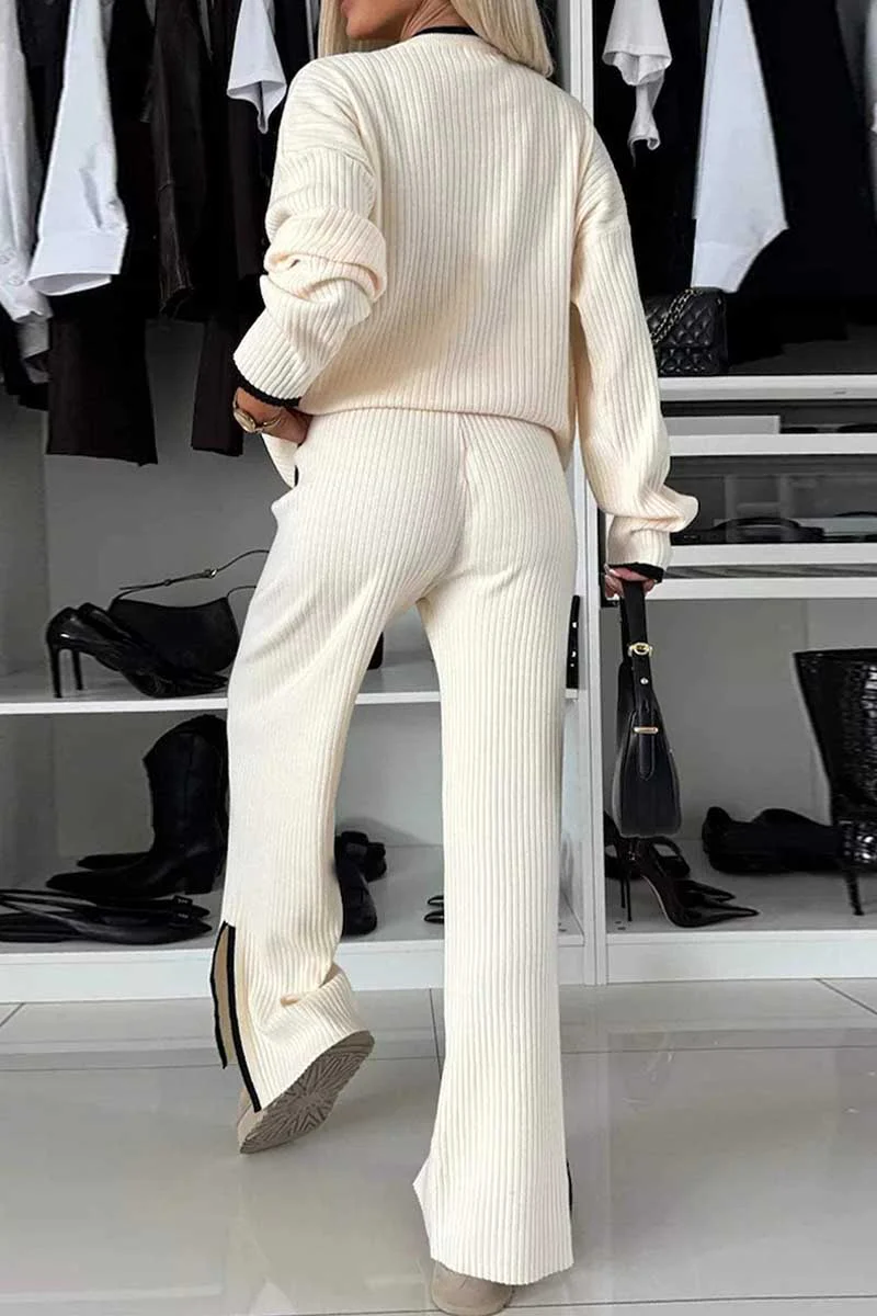 Casual Patchwork Slit O Neck Long Sleeve Two Pieces(3 Colors) - Panekey