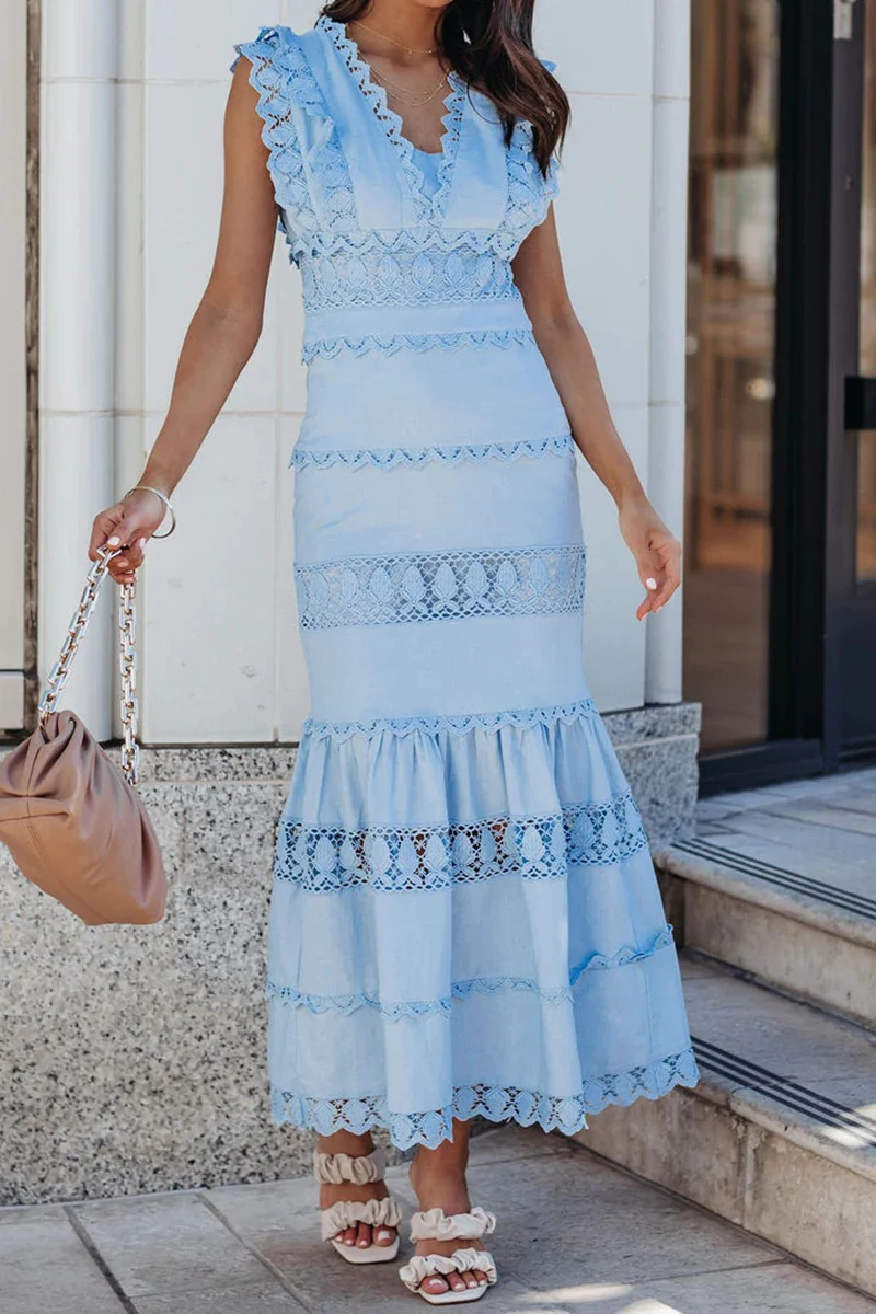 Casual Patchwork Lace V Neck Trumpet Mermaid Dresses(4 Colors) - Panekey