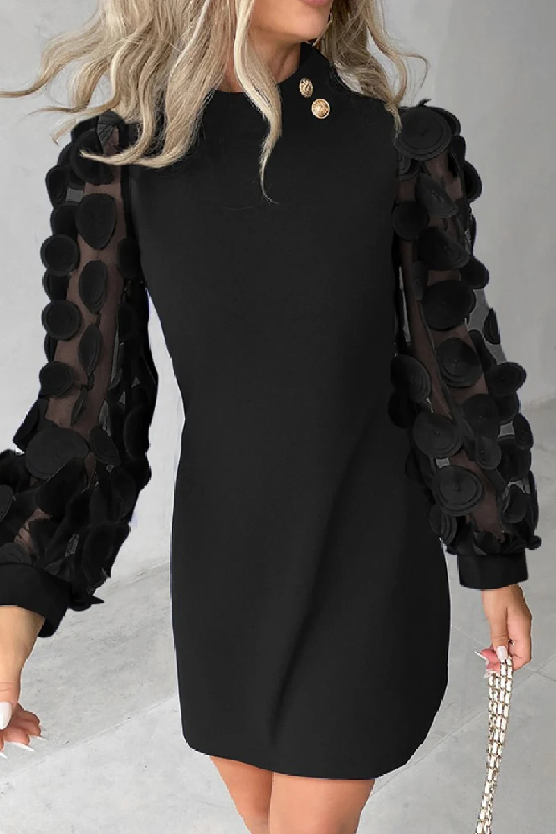Casual Patchwork Hollowed Out Sequins Half A Turtleneck Long Sleeve Dresses - Panekey
