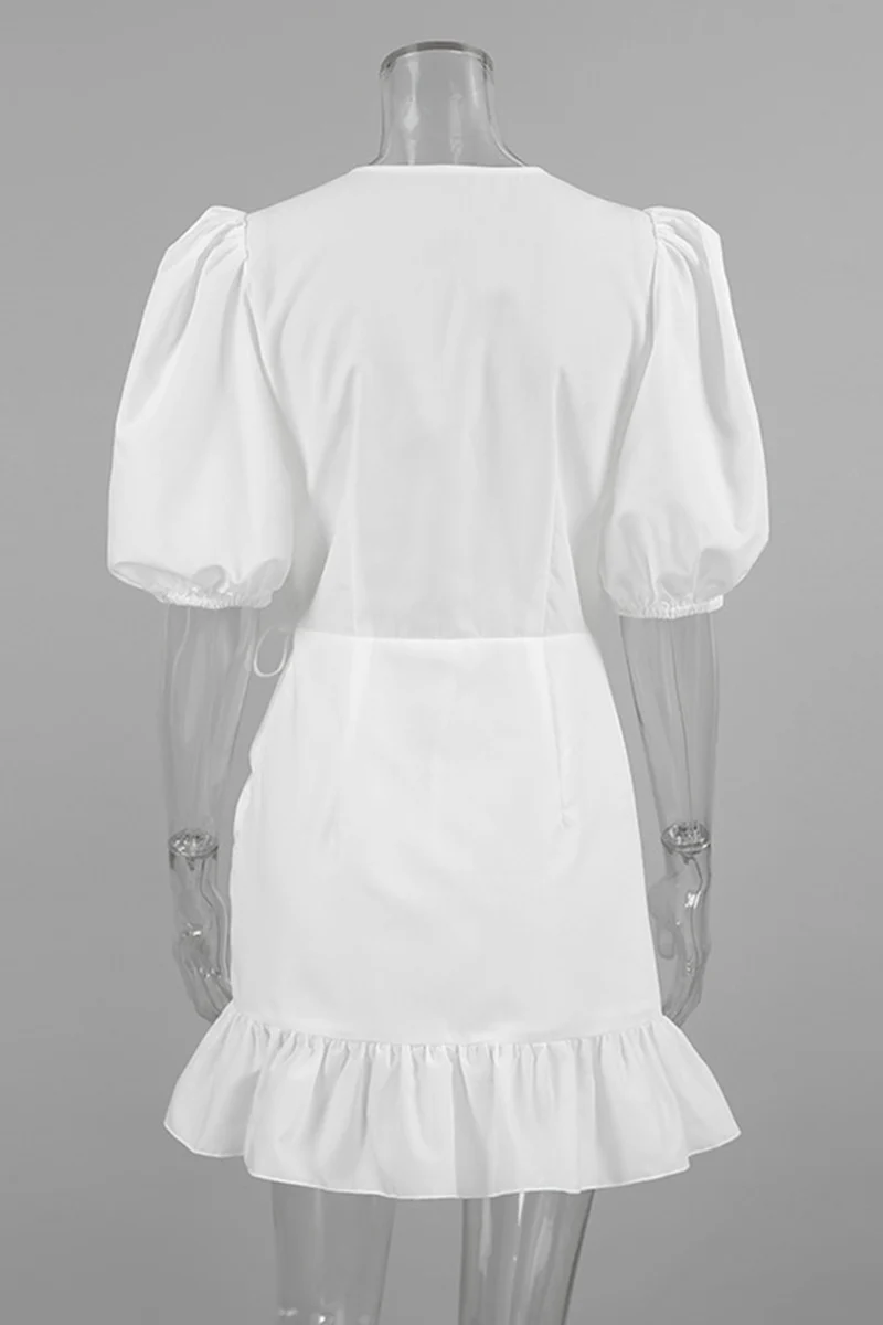 Casual Daily Solid Color Draw String Ruffle Ruched V Neck A Line Dresses - Panekey